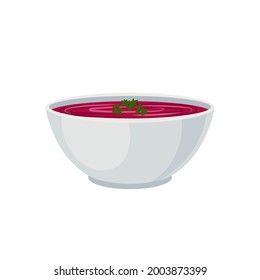 Tazón vectorial de la sopa de crema rosada, Icono de sopa vegetal aislado en fondo blanco, ilustración colorida.
