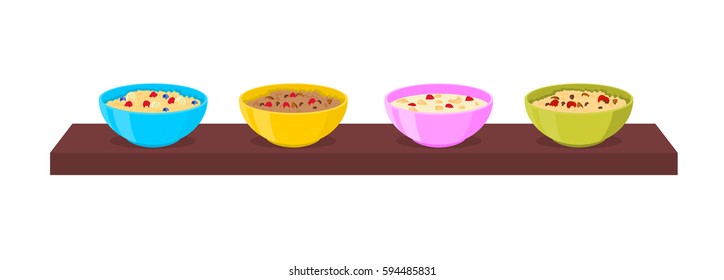Vector bowl with porridge set on a shelf. Oatmeal and cereal with fruits, chocolate and nuts.