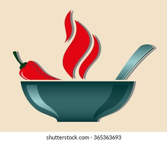 vector bowl with red hot chili pepper and flames burning soup isolated illustration