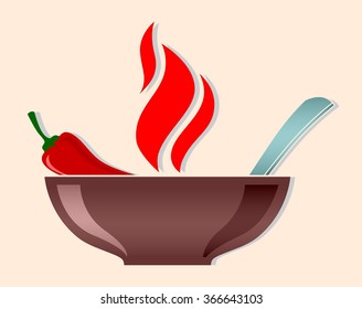 vector bowl with red hot chili pepper and flames burning soup isolated outline illustration