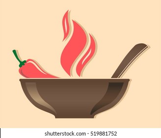vector bowl with red hot chili pepper and flames burning soup isolated outline illustration svg
