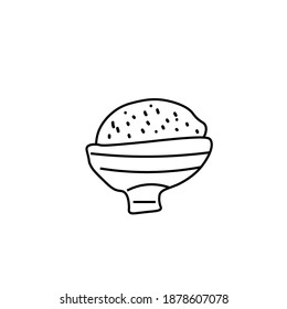 Vector bowl of rice in doodle style. Asian food black line hand drawn.One illustration of porridge in a bowl. Design for social media, menus, packaging, cards, printing, advertising.