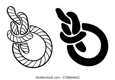 Vector Bowline Loop Climbing Rope Knot Symbols. Outline drawing and silhouette, vector illustration isolated on white background.