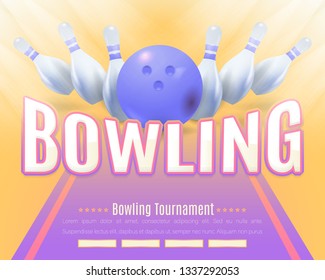 Vector Bowling Background. Bowl Event Poster or Postcard Design. Sports Ad Web Banner. Horizontal Card Template. Realistic Bowling Ball and Tenpins Illustration
