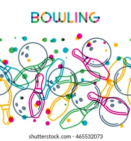 Vector bowling background with color linear bowling balls and bowling pins. Abstract multicolor illustration.