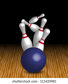 Vector Bowling - Four Pins and Blue Ball On Wooden Alley