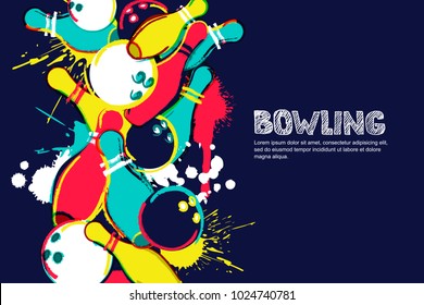 Vector bowling horizontal dark background. Abstract watercolor illustration. Bowling ball, pins and sketched letters on colorful splash background. Design elements for banner, poster or flyer. - Shutterstock ID 1024740781