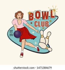 Vector of bowling label design with girl playing bowling.