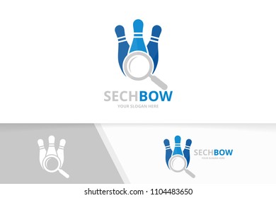 Vector bowling and loupe logo combination. Game and magnifying symbol or icon. Unique kegling and search logotype design template.