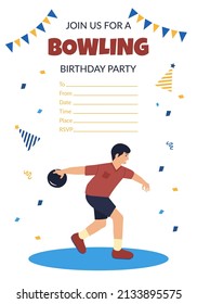 Vector bowling party invitation concept with a boy playing bowling hand drawn cartoon illustration on white background