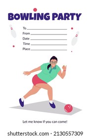 Vector bowling party invitation with a girl in sportswear playing bowling hand drawn cartoon illustration on white background