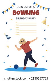 Vector bowling party invitation with a girl playing bowling hand drawn cartoon illustration on white background