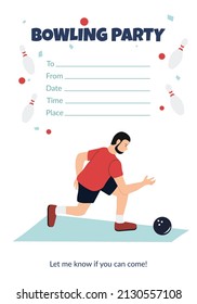 Vector bowling party invitation with a man in sportswear playing bowling hand drawn cartoon illustration on white background