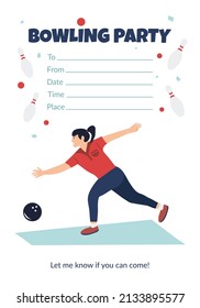 Vector bowling party invitation with a woman dressed in sportswear playing bowling hand drawn cartoon illustration on white background