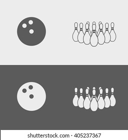 Vector Bowling Pins and Ball icons or signs on light and dark background.  