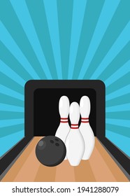 Vector bowling pins and ball on lane. Blue background with stripes. Bowling tournament banner.