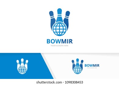 Vector bowling and planet logo combination. Game and world symbol or icon. Unique kegling and globe logotype design template.