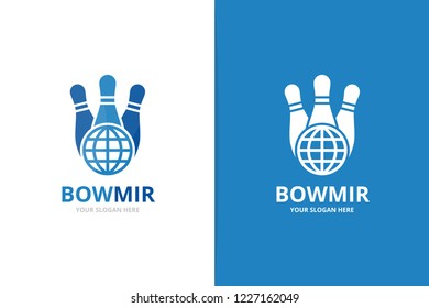 Vector bowling and planet logo combination. Game and world symbol or icon. Unique kegling and globe logotype design template.