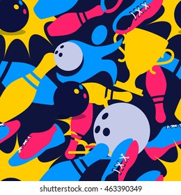 Vector bowling seamless pattern. Bowling ball, bowling pins, shoes multicolor symbols on black background. Design for fashion textile print, wrapping, web background.