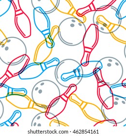 Vector bowling seamless pattern. Color line art background and outline design elements. 