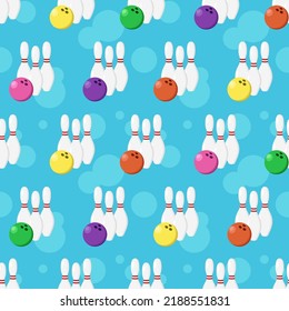 Vector bowling seamless pattern. Bowling pins and balls on blue background with light spots.