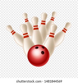 Vector bowling strike. Skittles and ball isolated on transparent background