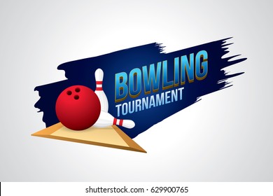 Vector of bowling tournament badge design with bowling ball and skittles. 