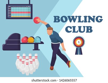 Vector bowling tournament banner, poster or flyer template. Flat layout background with man throwing a ball and skittles, medal for first place winner and results monitor.