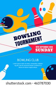 Vector bowling tournament banner, poster or flyer design template. Flat layout background with human silhouette, bowling ball and pins. 