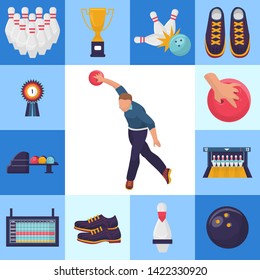 Vector bowling tournament banner with square pictures of man throwing a ball. Skittles, medal for first place winner, sport shoes with bowling alley and results monitor.