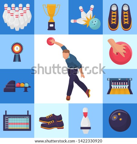 Vector bowling tournament banner with square pictures of man throwing a ball. Skittles, medal for first place winner, sport shoes with bowling alley and results monitor.