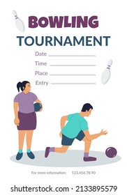Vector bowling tournament invitation with girl and boy playing bowling hand drawn cartoon illustration on white background