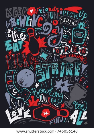 Vector bowling tournament poster with doodle lettering and equipment. Colorful modern print design for wall