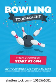 Vector bowling tournament poster with scattered skittle and bowling ball isolated on blue background with transparent shadows.