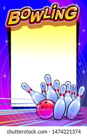 Vector bowling tournament poster template. Modern flyer layout with bowling ball, pins a