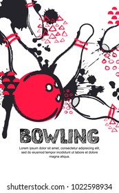 Vector bowling tournament watercolor illustration. Poster, banner, or flyer design template. Flat layout background with red bowling ball and pins.