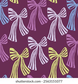 Vector bows seamless pattern. Hand-drawn gift bow isolated on dark pink background. Holiday illustration for design, print, fabric or background.