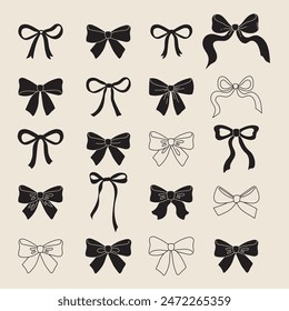 Vector bows set in different shapes for design. Bow element for invitations, postcards, greeting cards, packaging design, label, stickers, tattoo.