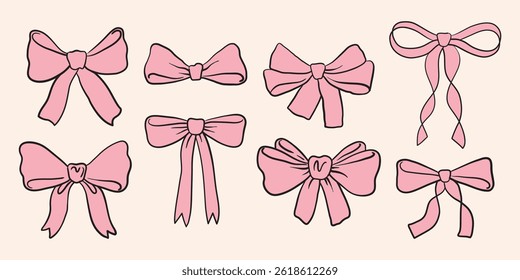 Vector bows set with different bows shapes. Hand drawn in vector bows collection in modern style. Bows set for design. Use as print, element design, tetile, packaging, label, stichers, card, postcard.