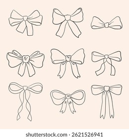 Vector bows set with different bows shapes. Hand drawn in vector bows collection in modern style. Bows set for design. Use as print, element design, tetile, packaging, label, stichers, card, postcard.