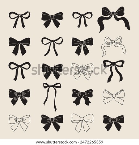 Vector bows set in different shapes for design. Bow element for invitations, postcards, greeting cards, packaging design, label, stickers, tattoo.