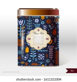 Vector box with Abstract Folk plants, deer, flowers and fish in nordic style and place for your text. Design product package. Tea, coffee, dry products
