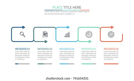 Vector  box and arrows linear infographic with marketing icons.  Business concept with 5 steps or options.Vector linear infographic element.