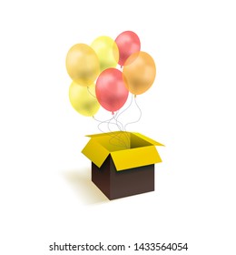Vector Box with Balloons, Surprise Gift Illustration Isolated on White Background, Yellow and Red Colorful Objects, Festive Art.