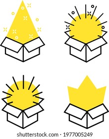 Vector box with bright light beam and sparkles vector illustration icon. Surprise box with rays of sunshine. Revealing mystery item icon. Mystery box illustration.