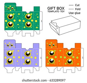 Vector Box cute template. Biscuits, fruit, chocolate. Kawaii cartoon design. Boxes with eyes, expressions of emotions.