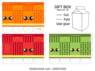 Vector box cute template. For biscuits, fruit, chocolate and sweets. Kawaii cartoon design. Boxes peas with eyes, expressions of emotions.