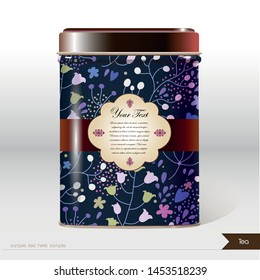 Vector box with flowers, leaves , plants and place for your text. Design product package. Tea, coffee, dry products