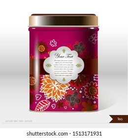 Vector box with flowers, leaves , plants and place for your text. Design product package. Tea, coffee, dry products