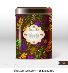 Vector box with flowers, leaves , plants and place for your text. Design product package. Tea, coffee, dry products